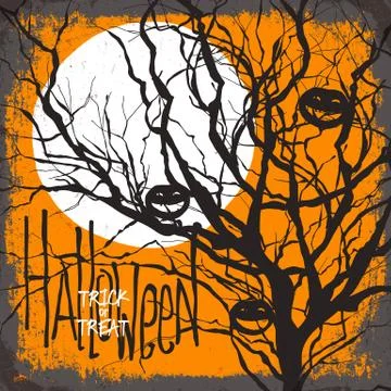 Halloween vector illustration. Dry tree, full moon and pumpkins. Trick or tre 스톡 일러스트