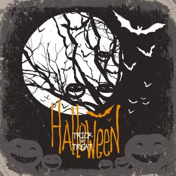 Halloween vector illustration. Dry tree, full moon and pumpkins and bats Stock Illustration