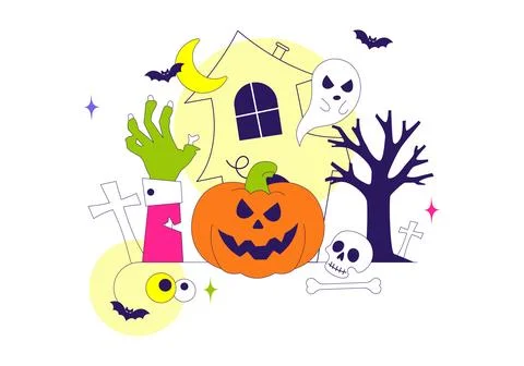 Halloween Vector Illustration Featuring Spooky Pumpkin, Ghost, Tombstone, a.. Stock Illustration