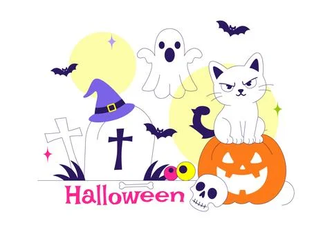 Halloween Vector Illustration Featuring Spooky Pumpkin, Ghost, Tombstone, a.. Stock Illustration