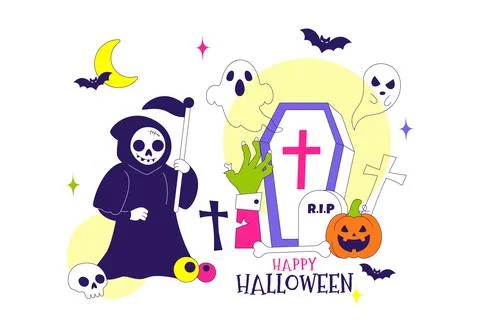Halloween Vector Illustration Featuring Spooky Pumpkin, Ghost, Tombstone, a.. Stock Illustration