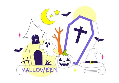 Halloween Vector Illustration Featuring Spooky Pumpkin, Ghost, Tombstone, a.. Stock Illustration