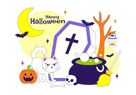 Halloween Vector Illustration Featuring Spooky Pumpkin, Ghost, Tombstone, a.. Stock Illustration