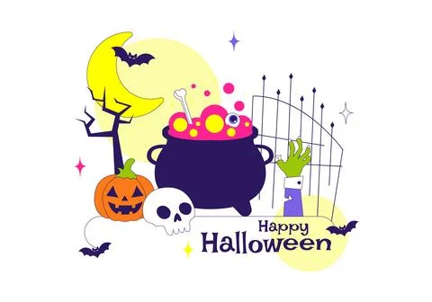 Halloween Vector Illustration Featuring Spooky Pumpkin, Ghost, Tombstone, a.. Stock Illustration