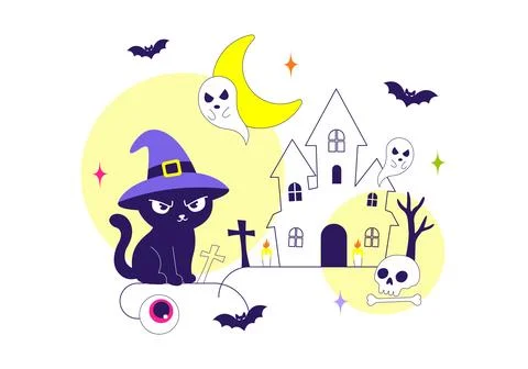 Halloween Vector Illustration Featuring Spooky Pumpkin, Ghost, Tombstone, a.. Stock Illustration