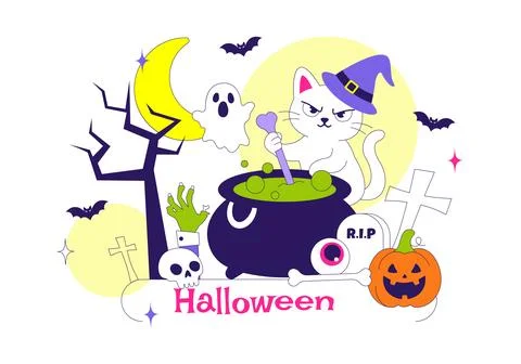 Halloween Vector Illustration Featuring Spooky Pumpkin, Ghost, Tombstone, a.. Stock Illustration