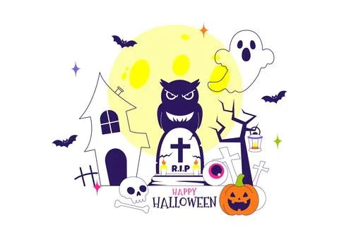 Halloween Vector Illustration Featuring Spooky Pumpkin, Ghost, Tombstone, a.. Stock Illustration