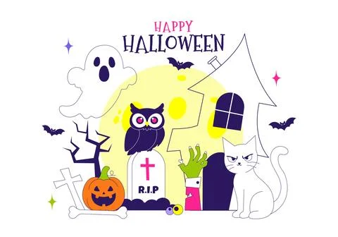 Halloween Vector Illustration Featuring Spooky Pumpkin, Ghost, Tombstone, a.. Stock Illustration