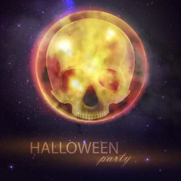 Halloween vector illustration with full moon and skull on the night sky Stock Illustration