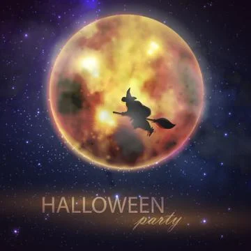 Halloween vector illustration with full moon and witch on the night sky Stock Illustration
