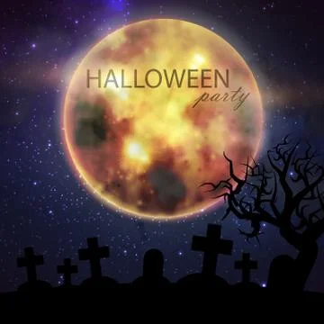 Halloween vector illustration with full moon and cemetery on the night sky Stock Illustration