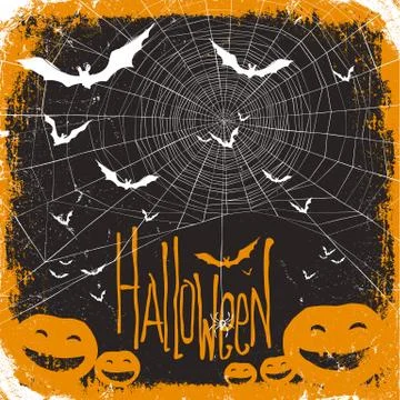 Halloween vector illustration. Spider web, pumpkins and bats Stock Illustration