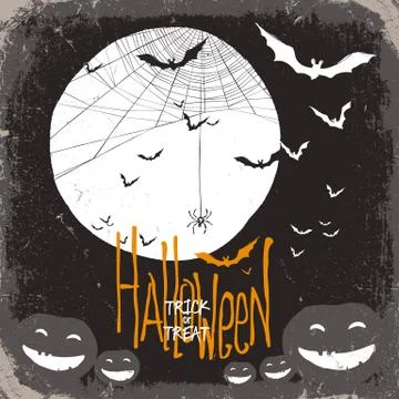 Halloween vector illustration. Spider web, full moon and pumpkins and bats Stock Illustration