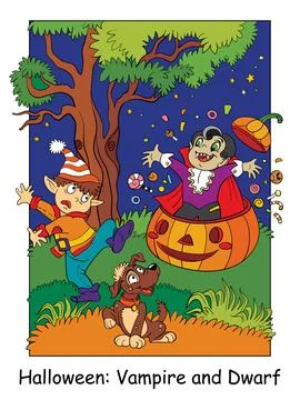 Halloween vector illustration vampire and scared dwarf Stock Illustration