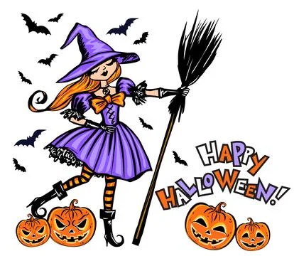 Halloween vector illustration, witch with broom, scary pumpkins and bats Stock Illustration