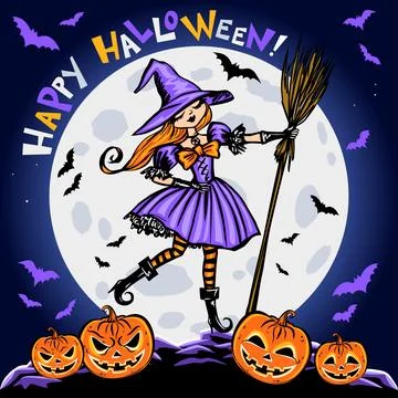 Halloween vector illustration, witch with broom, scary pumpkins and bats Stock Illustration