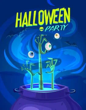 Halloween vector illustration - witch cooks poison potion in cauldron Stock Illustration