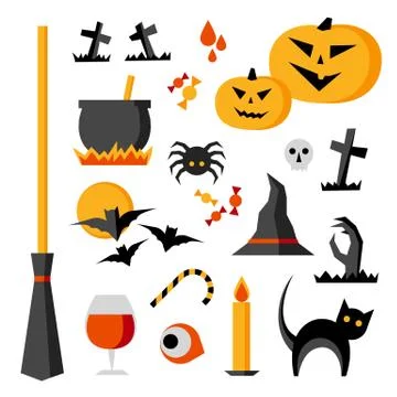 Halloween vector items set:  pumpkin, bats, cat, spider, cauldron, skull Illustrazione stock