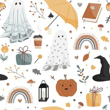 Halloween vector pattern. Cute ghosts, bats and witch hat, spider web, candy Stock Illustration