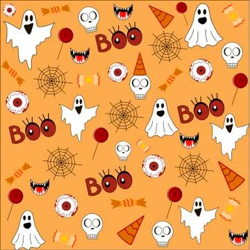 Halloween vector pattern, orange background with images - ghosts, holiday hat Stock Illustration