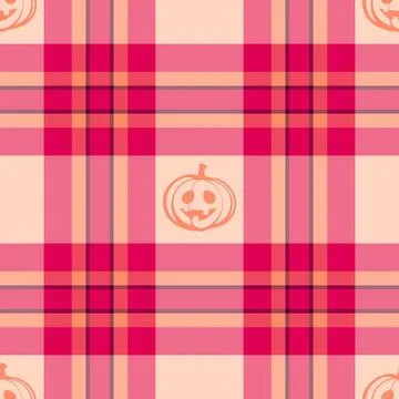 Halloween vector pattern with plaid stripes and pumpkins, spooky ghosts, an.. Illustrazione stock