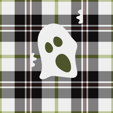 Halloween vector pattern with plaid stripes and pumpkins, spooky ghosts, an.. Illustrazione stock