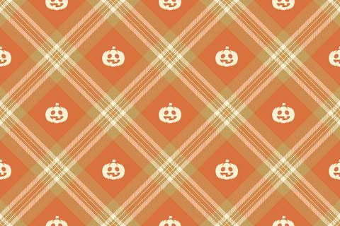 Halloween vector pattern with plaid stripes and pumpkins, spooky ghosts, an.. Illustrazione stock