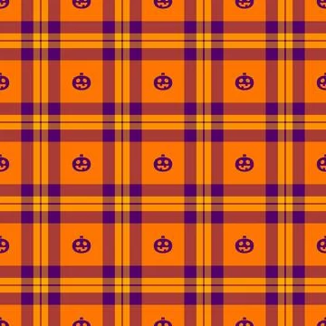 Halloween vector pattern with plaid stripes and pumpkins, spooky ghosts, an.. イラスト素材