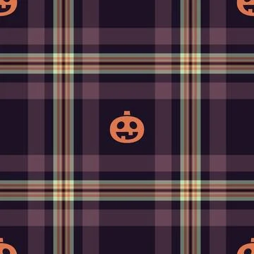 Halloween vector pattern with plaid stripes and pumpkins, spooky ghosts, an.. Illustrazione stock