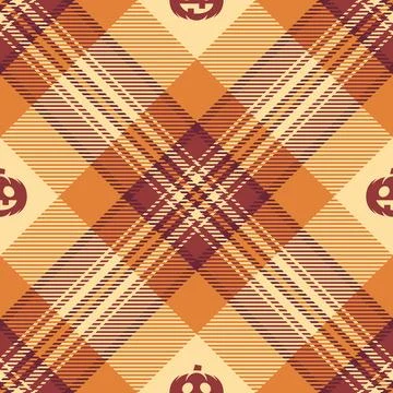 Halloween vector pattern with plaid stripes and pumpkins, spooky ghosts, an.. イラスト素材