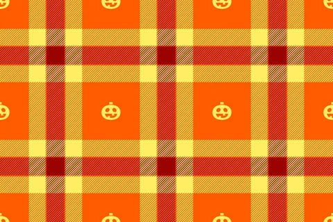 Halloween vector pattern with plaid stripes and pumpkins, spooky ghosts, an.. Illustrazione stock