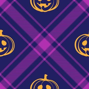 Halloween vector pattern with plaid stripes and pumpkins, spooky ghosts, an.. Illustrazione stock