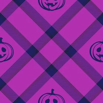 Halloween vector pattern with plaid stripes and pumpkins, spooky ghosts, an.. イラスト素材