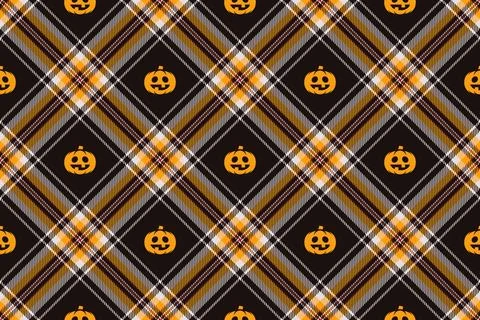 Halloween vector pattern with plaid stripes and pumpkins, spooky ghosts, an.. Illustrazione stock