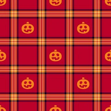Halloween vector pattern with plaid stripes and pumpkins, spooky ghosts, an.. Illustrazione stock