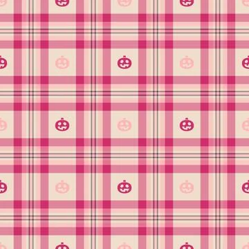 Halloween vector pattern with plaid stripes and pumpkins, spooky ghosts, an.. Illustrazione stock