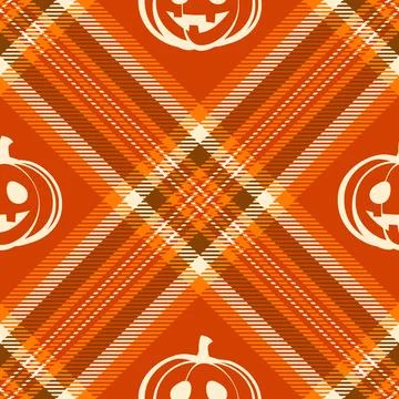Halloween vector pattern with plaid stripes and pumpkins, spooky ghosts, an.. Stock Illustration