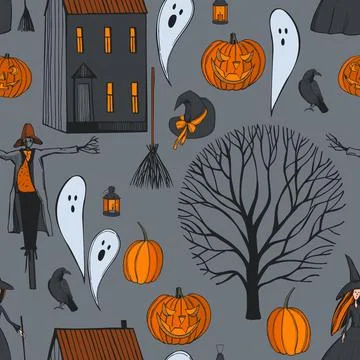 Halloween  vector pattern with pumkins. Stock Illustration