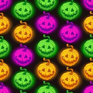 Halloween vector pattern seamless background with cute smiling glowing pumpkins イラスト素材