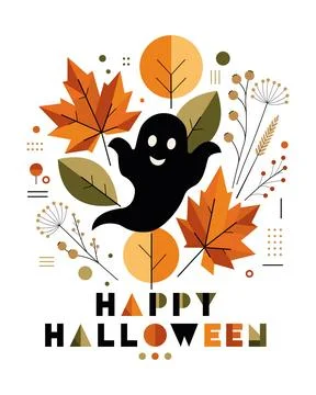 Halloween Vector Poster with Black Ghost and Autumn Leaves 스톡 일러스트