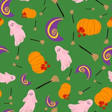 Halloween vector repeat pattern design on green background Stock Illustration