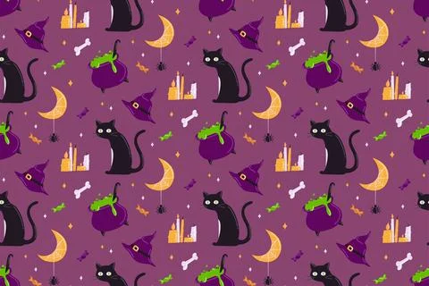 Halloween vector seamless pattern. Black cat, potion in cauldron, crescent mo Stock Illustration
