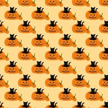 Halloween vector seamless pattern. Black cat in carved pumpkin illustration on Stock Illustration