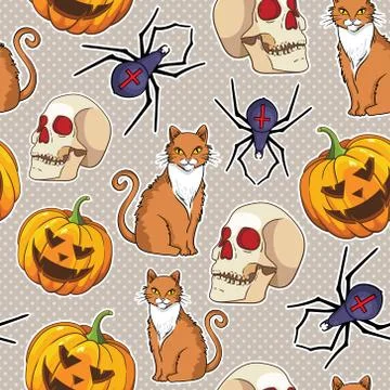 Halloween vector seamless pattern with cat, spider and pumpkin Stock Illustration
