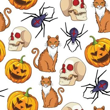 Halloween vector seamless pattern with cat, spider and pumpkin Stock Illustration