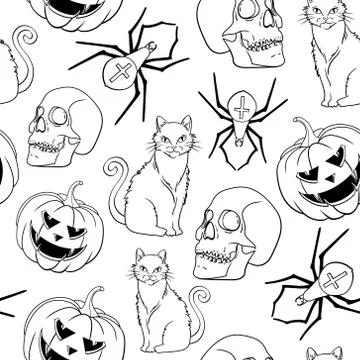 Halloween vector seamless pattern with cat, spider and pumpkin Stock Illustration