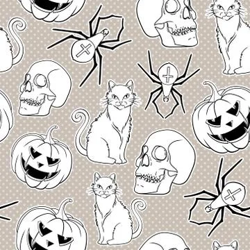 Halloween vector seamless pattern with cat, spider and pumpkin Stock Illustration