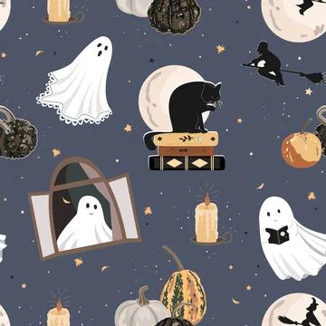 Halloween vector seamless pattern. Cute ghosts, autumn pumpkins, flying witch Stockillustratie