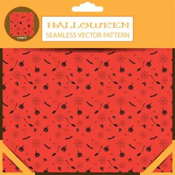 Halloween vector seamless pattern with dark gray silhouettes on the red backg Stock Illustration