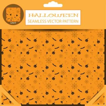 Halloween vector seamless pattern with dark gray silhouettes on the yellow ba Stock Illustration